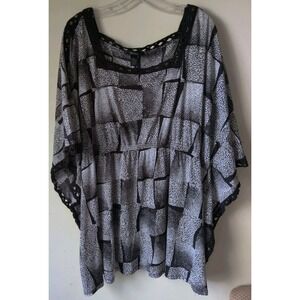 Style & Co. Women's Batwing Tunic Top Black/White Crochet Neck/Sleeve Trim Sz 1X